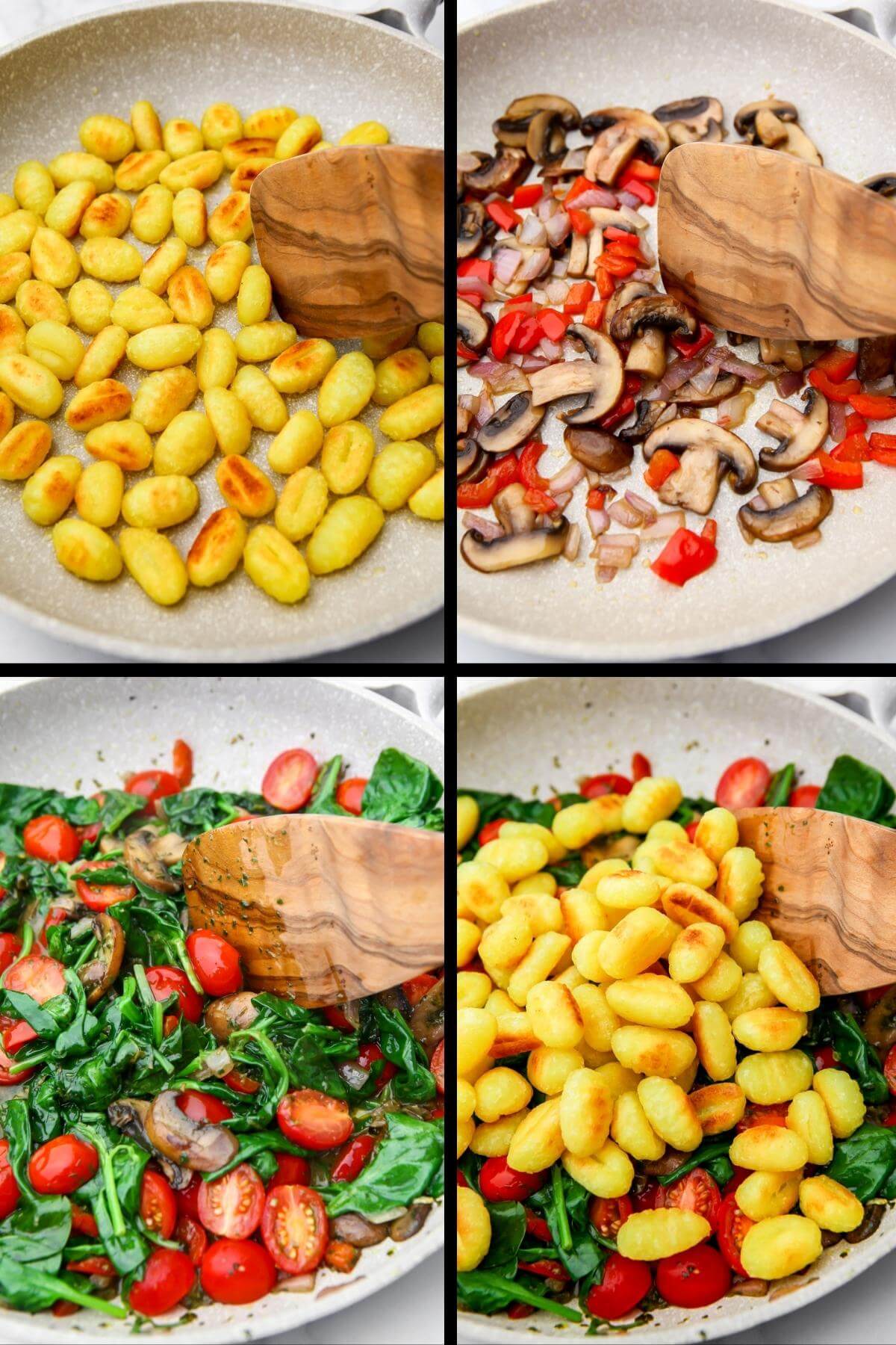 A collage of 4 images showing frying gnocchi and sauteing veggies then adding them together.