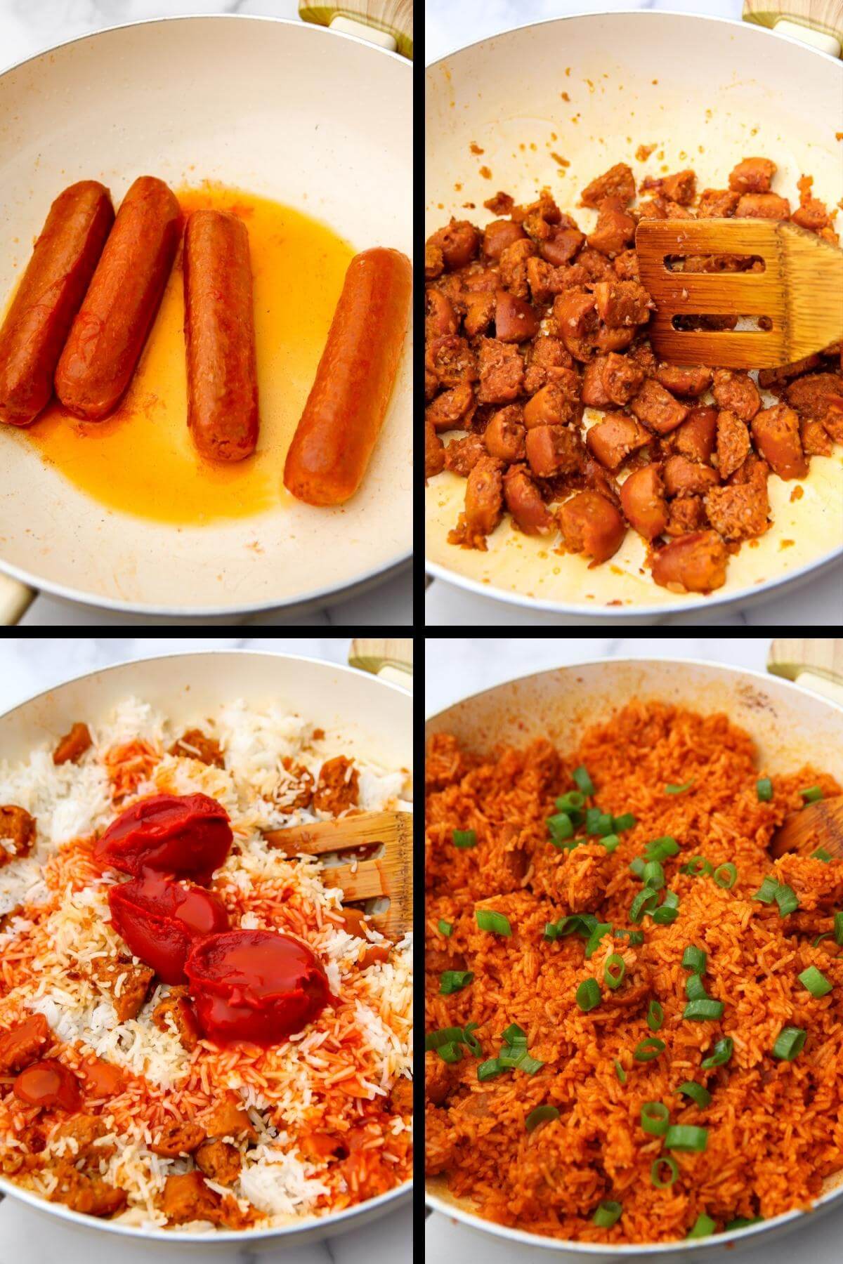A collage of 4 images showing the process steps for making vegan red rice with vegan sausages, rice, red hot, and tomato paste being mixed together.