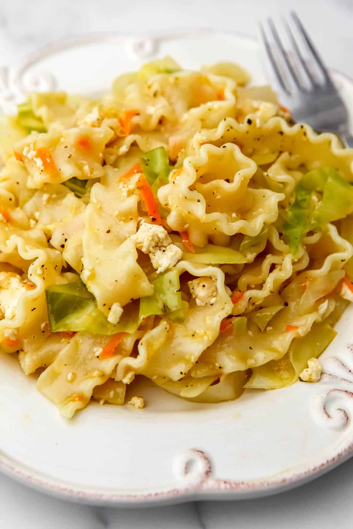 Vegan cabbage and noodles made with tofu and wide noodles on a white plate.