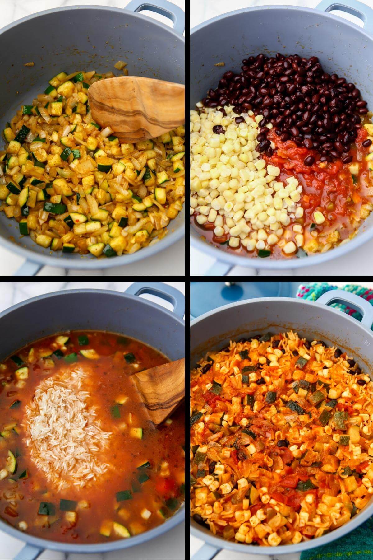 A collage of 4 images showing the process steps for making vegan Mexican rice pilaf.
