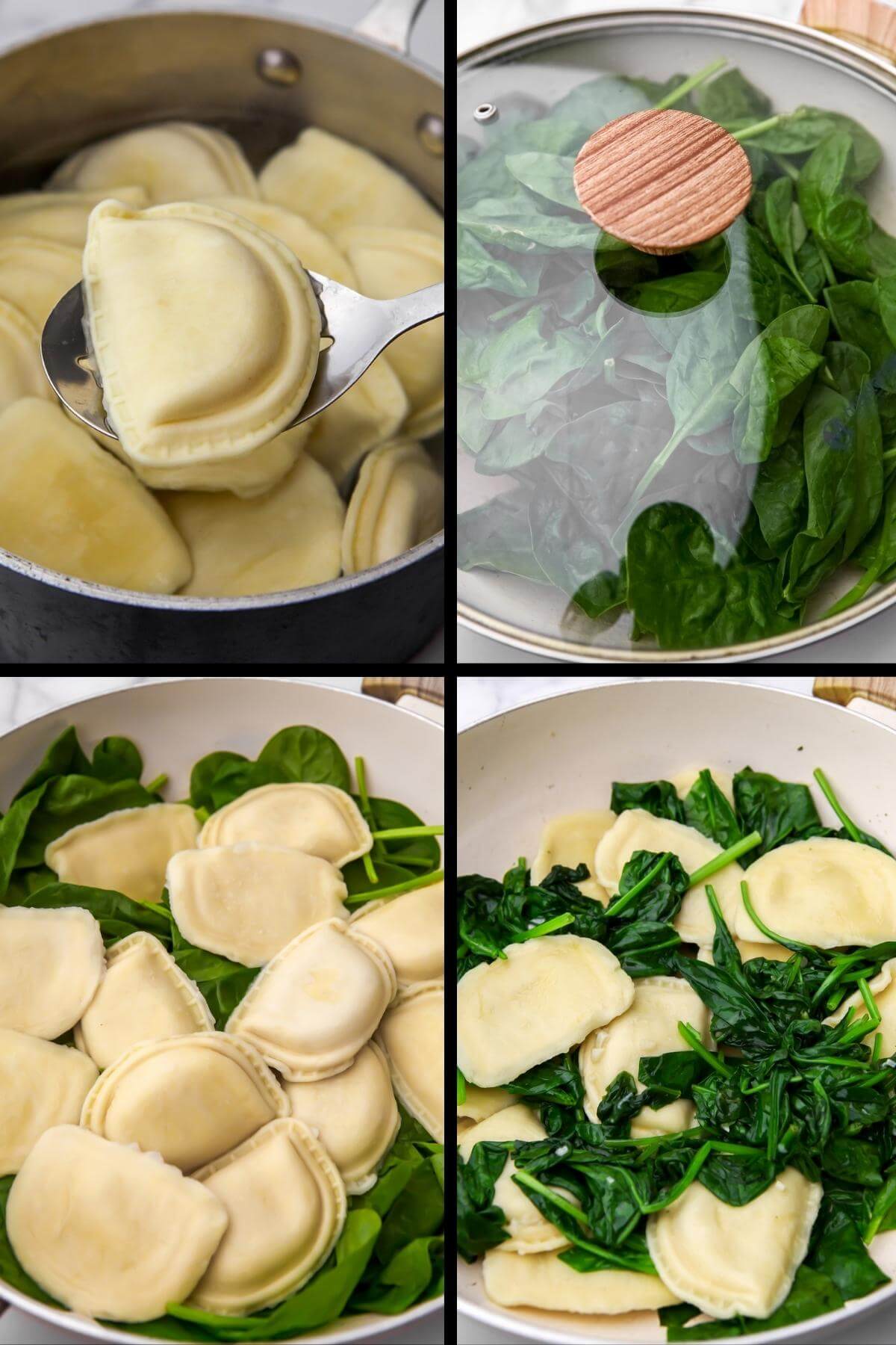 A collage of 4 images showing the process steps of making vegan perogies and frying them in garlic butter and spinach.