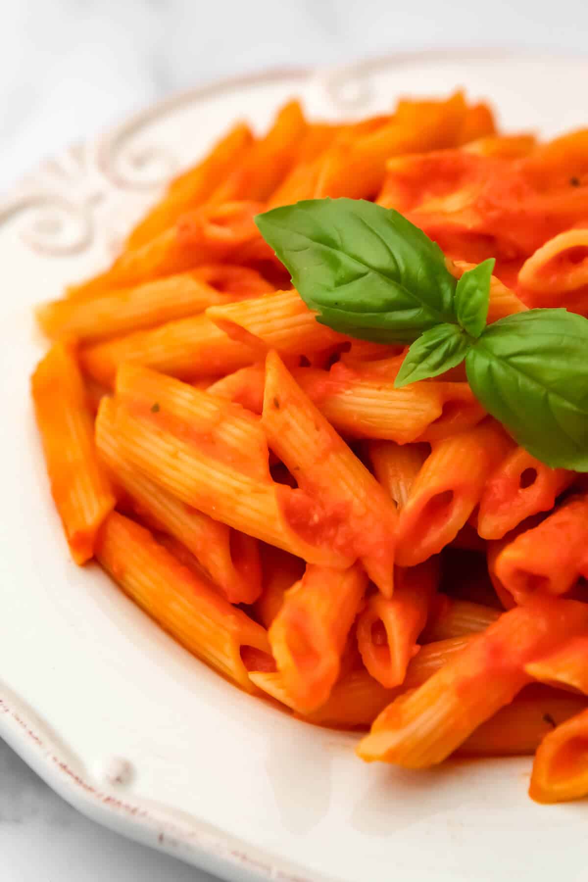 Roasted red pepper and tomato pasta sauce served over pene pasta with basil on top.