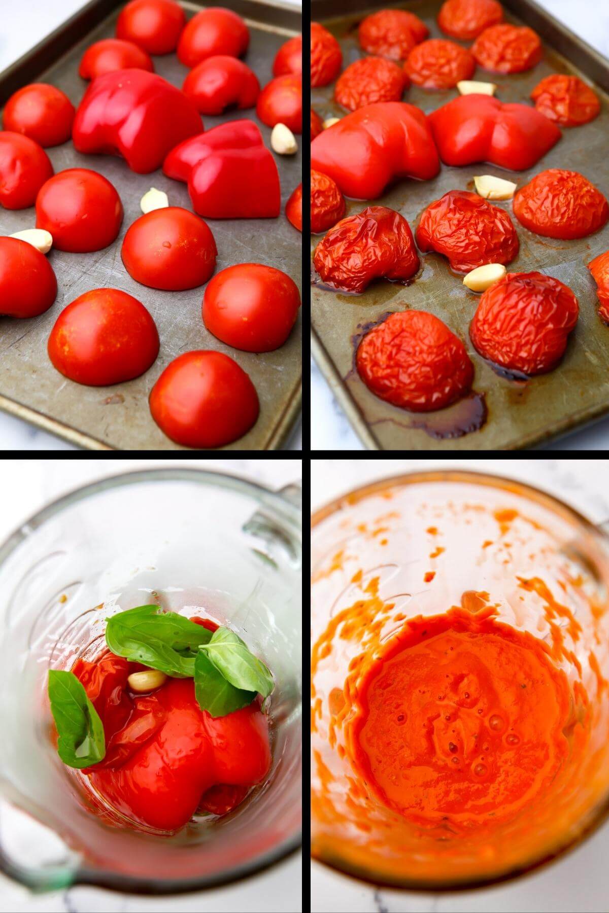 A collage of 4 images showing roasting tomaotes and a red pepper on a cookie sheet then blending it into a pasta sauce.
