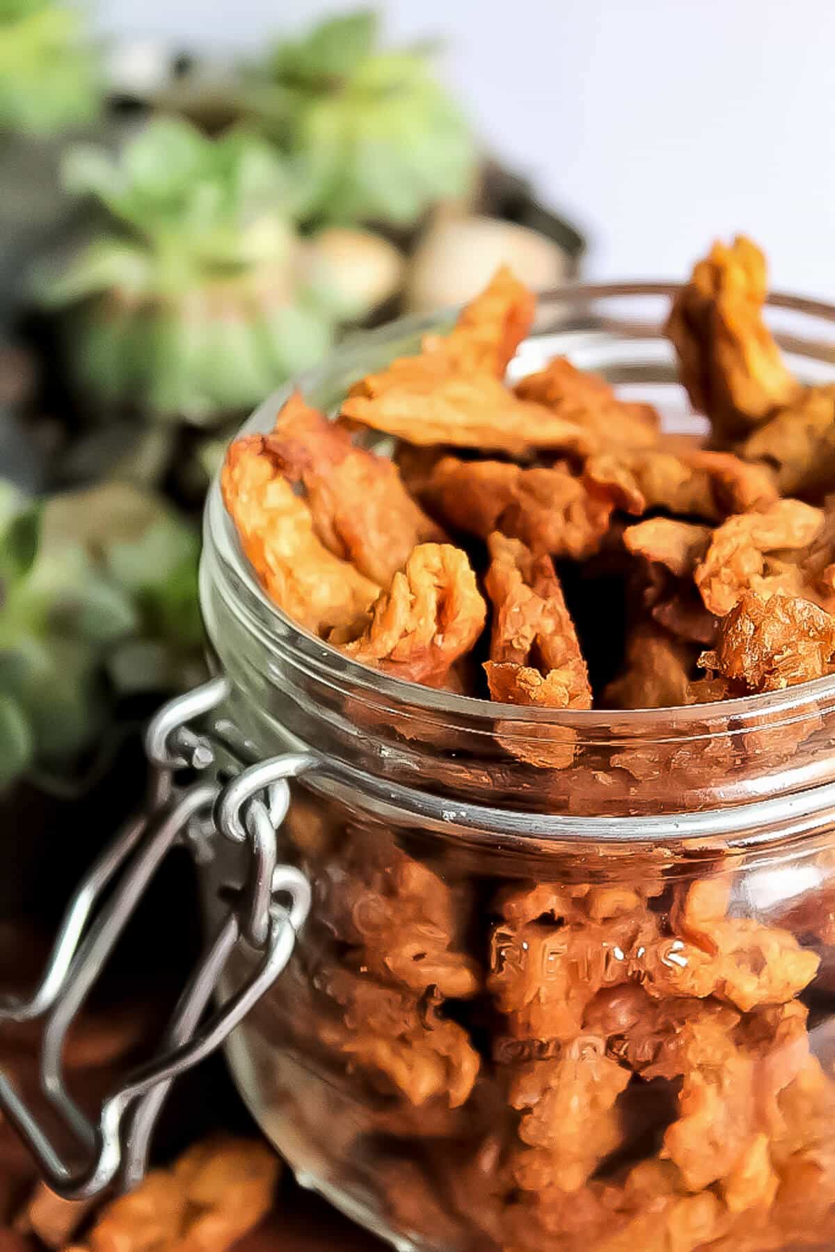 Vegan jerky made from soy curls in a mason jar.