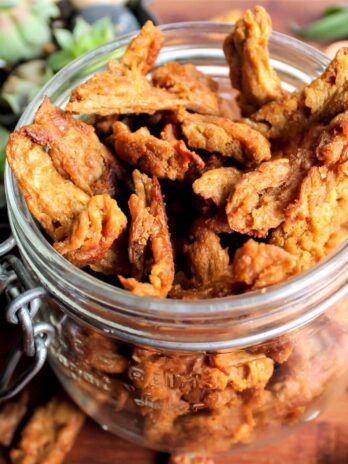 Vegan jerky made from soy curls in a mason jar.