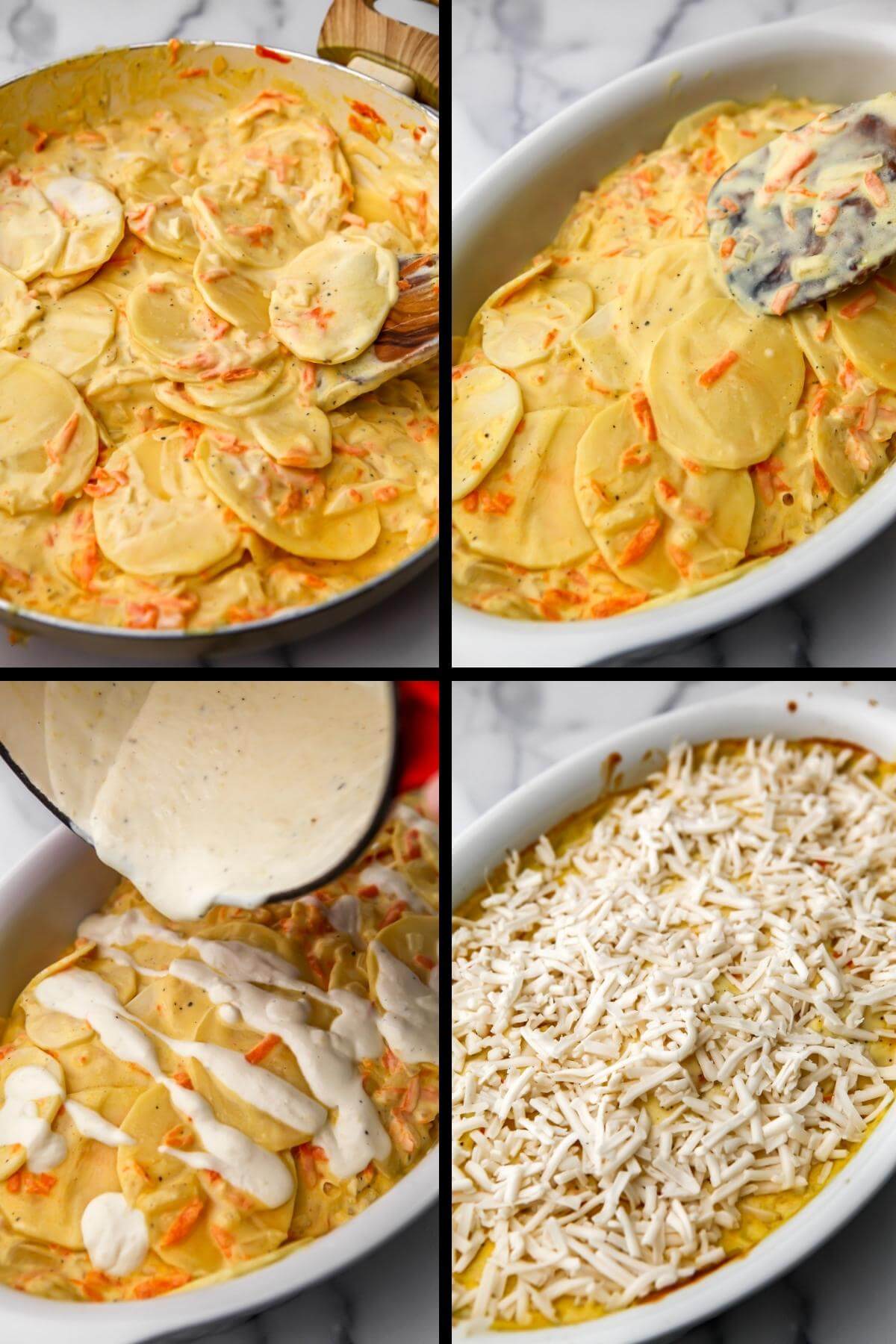 A collage of 4 images showing mixing sliced potatoes withe sour cream sauce, adding it to a baking dish, adding more sauce to the top and then adding vegan cheese.