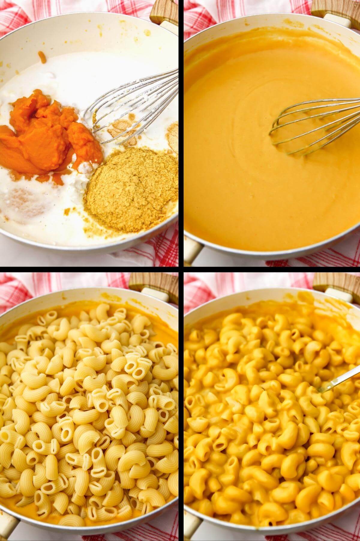 A collage of 4 images showing the process steps for making pumpkin mac and cheese without dairy.