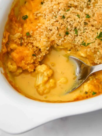 A top veiw of vegan cauliflower cheese casserole.