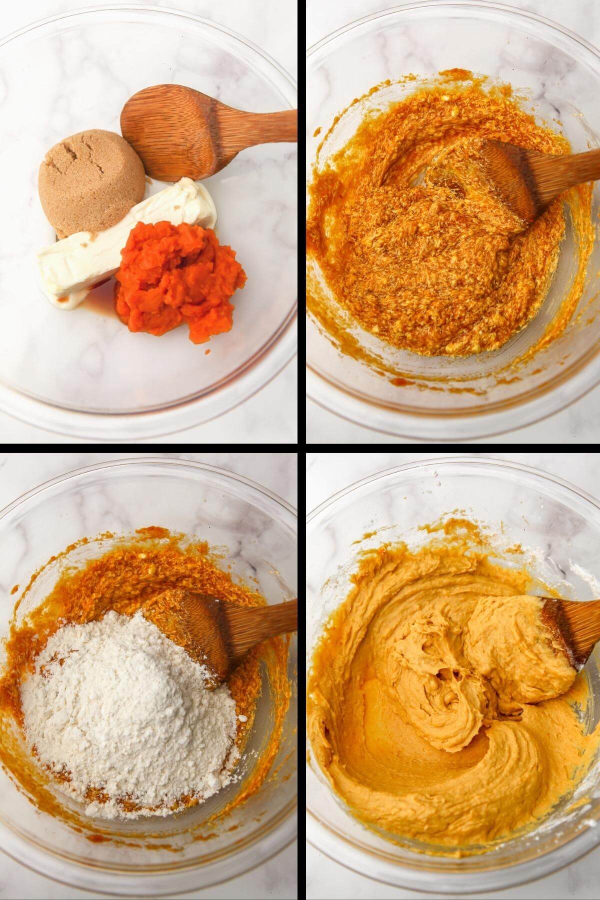 A collage of mixing the wet ingredients with the dry ingredients to make pumpkin cookies.