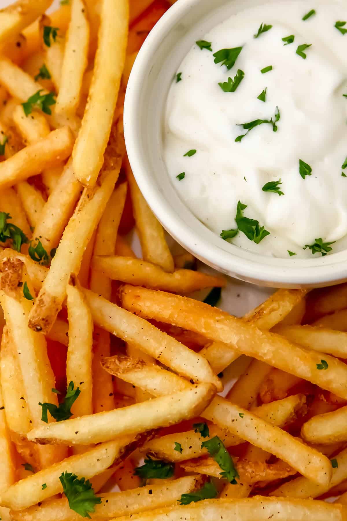 A close up of plant based garlic aioli with fries on the side.