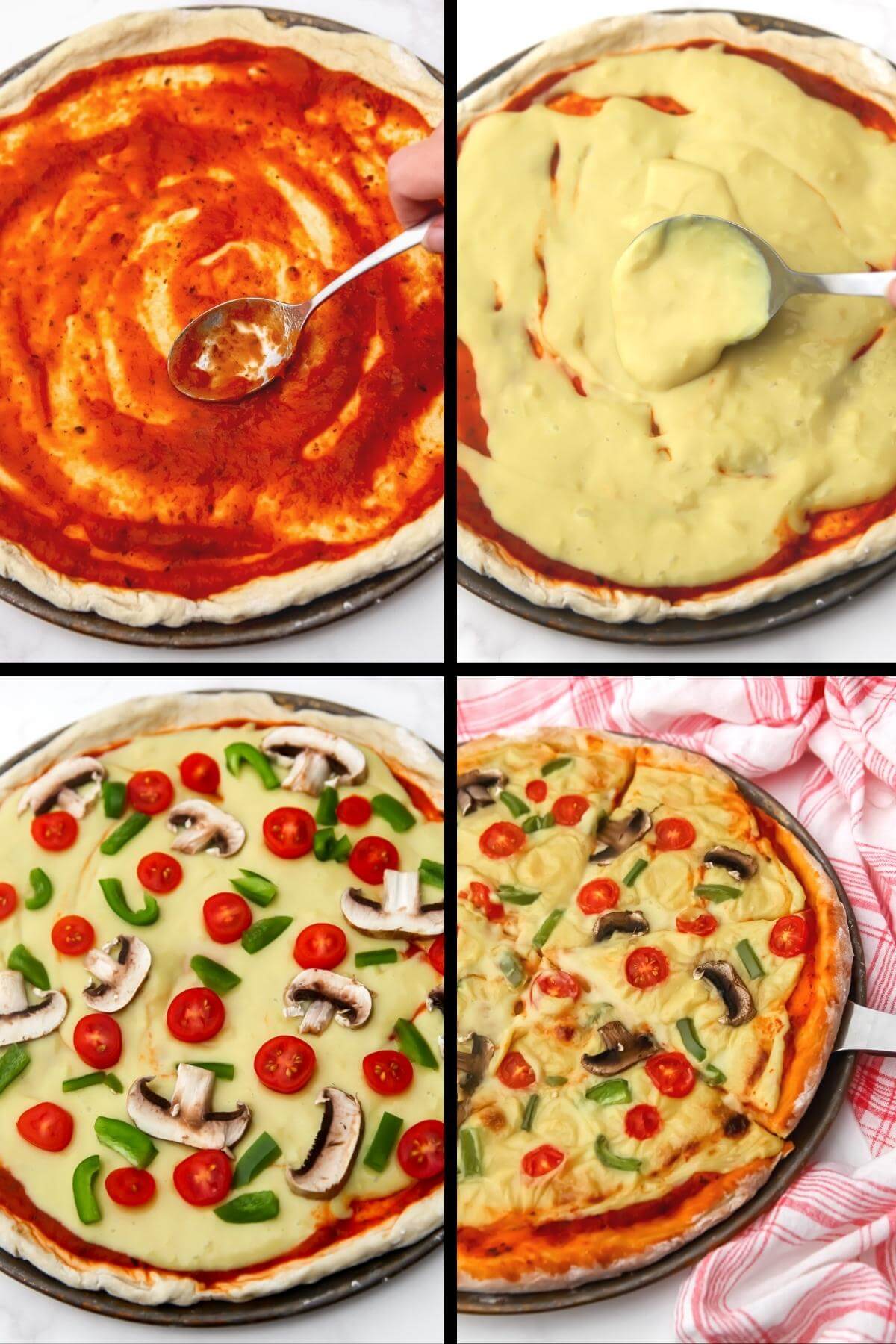 A collage of 4 images showing the process steps for making pizza with homemade vegan pizza cheese.