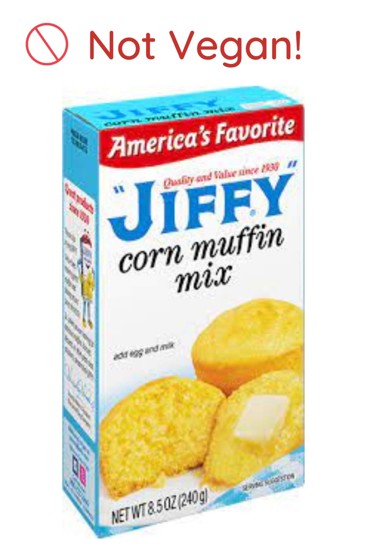 A box of jiffy original cornbread mix that is not vegan.