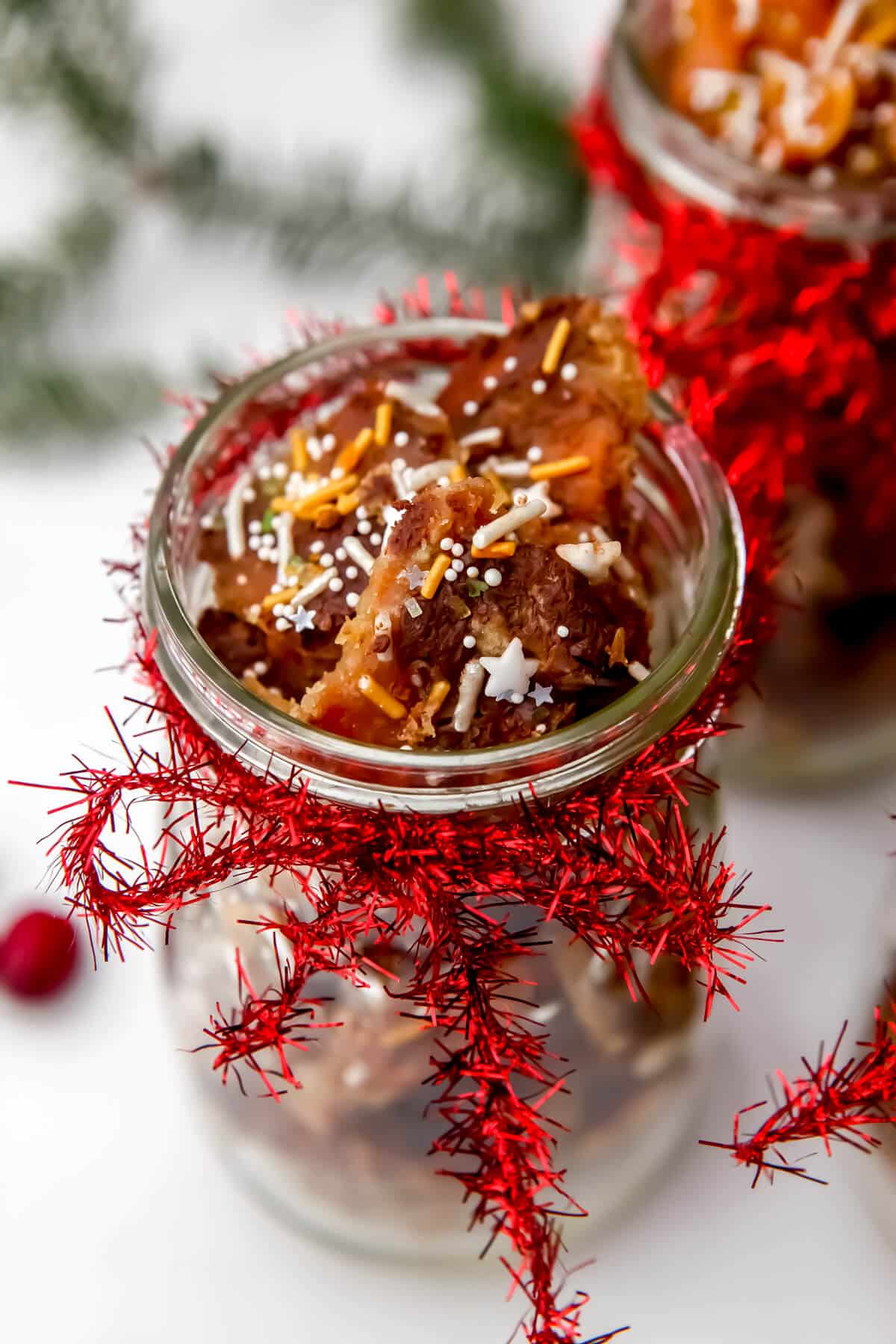 Vegan Christmas crack in holiday jars ready to give for gifts.