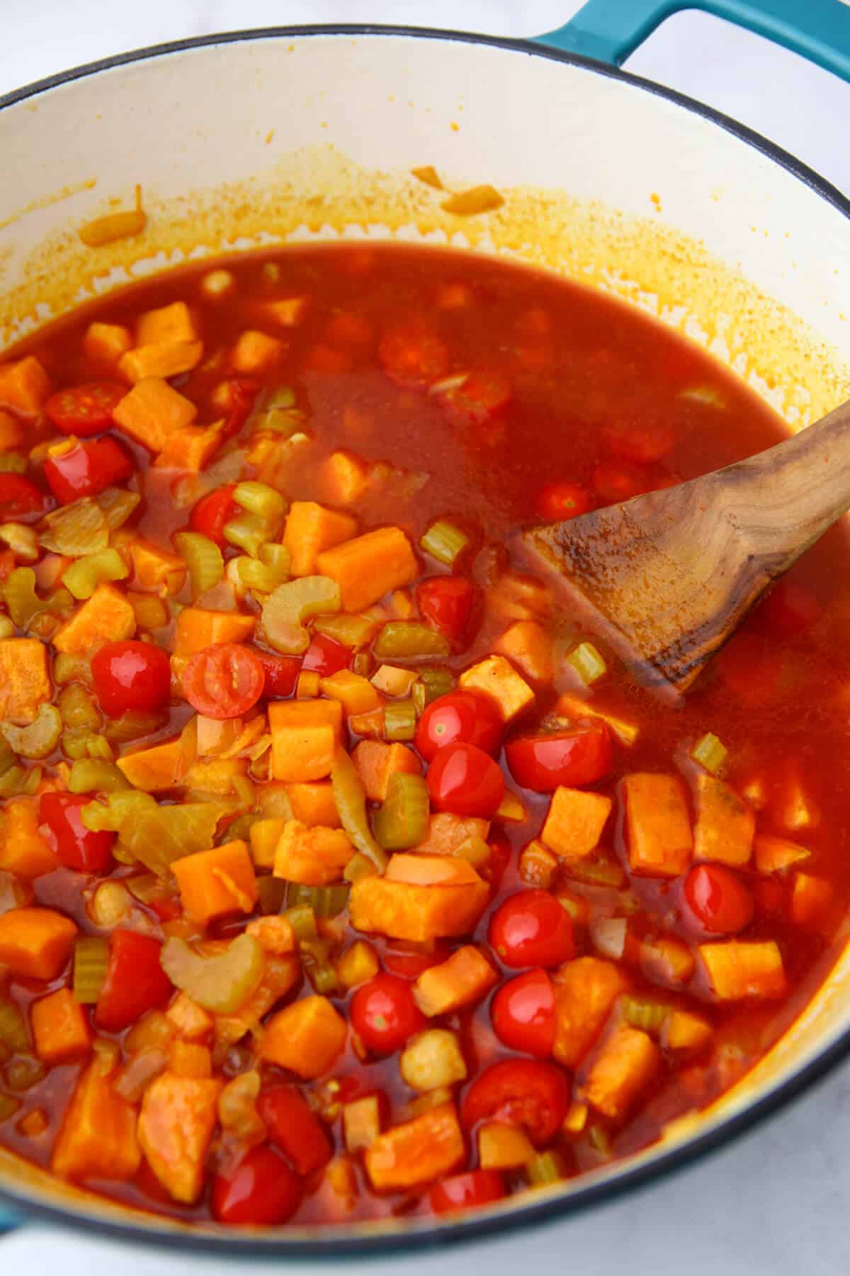 Vegan gypsy soup simmering in a pot.