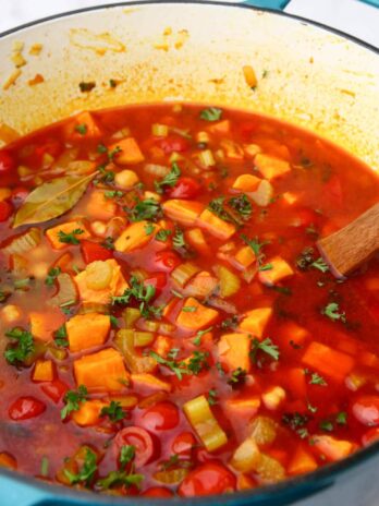 A pot of gypsy soup in a large blue soup pot.