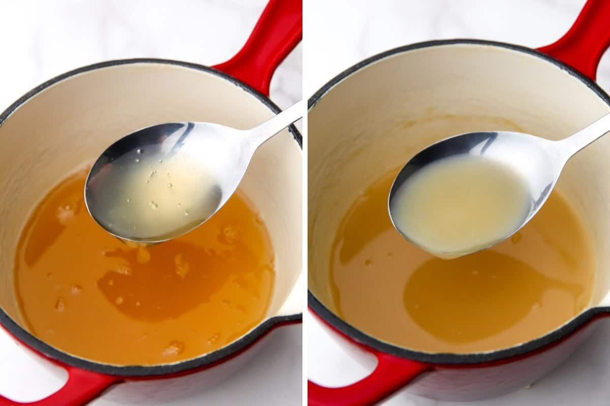 Two images of aqaufaba in a saucepan before and after simmering to reduce it down.