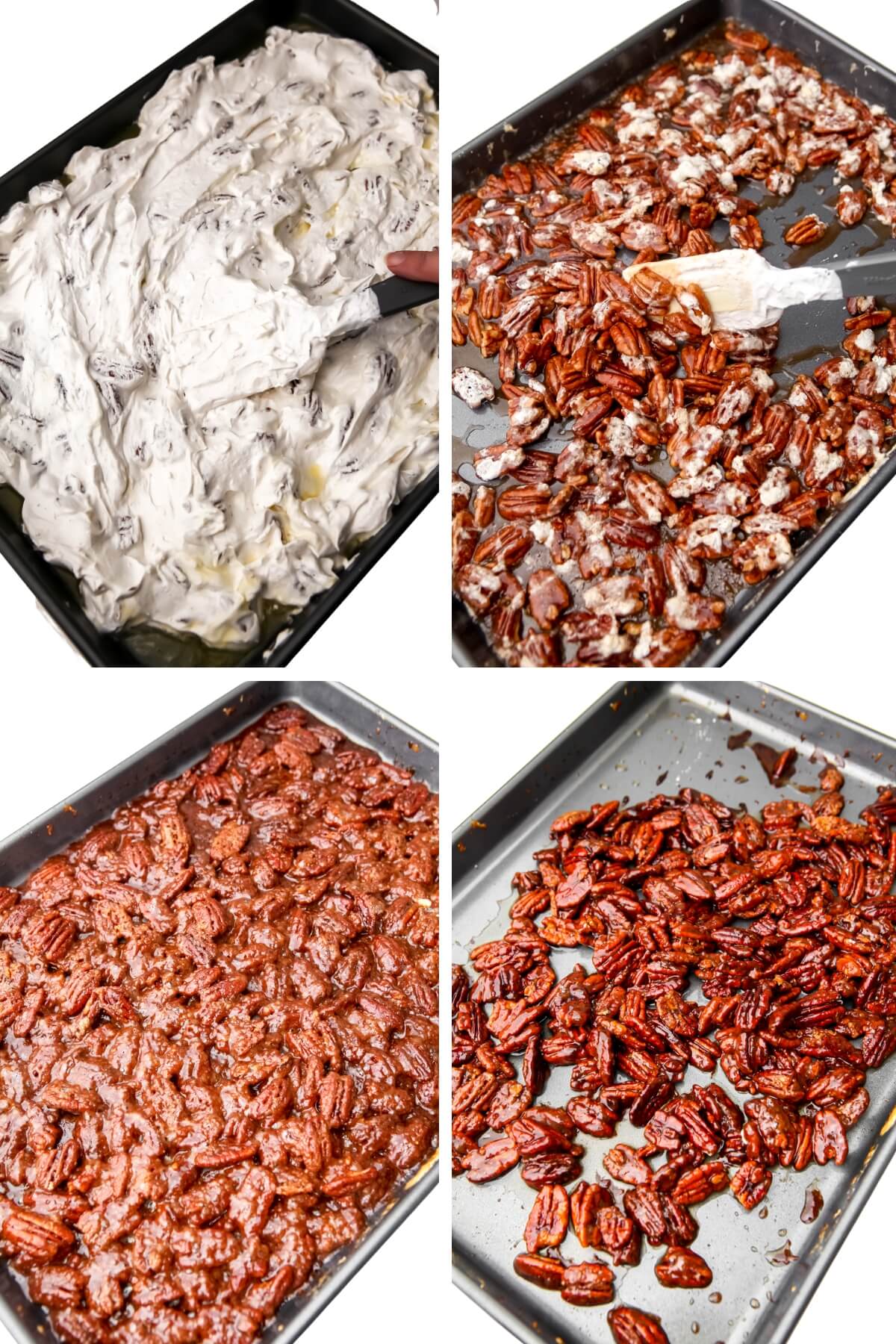A collage of 4 images showing the process of baking vegan candied pecans on a baking sheet and stirring every 10 minutes.