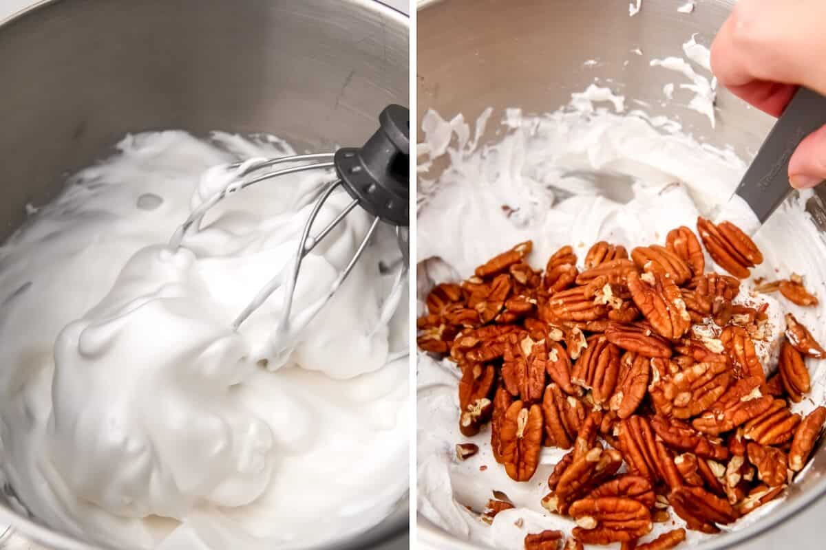A collage of 2 images showing the process of whipping aquafaba and sugar then adding pecans to it.