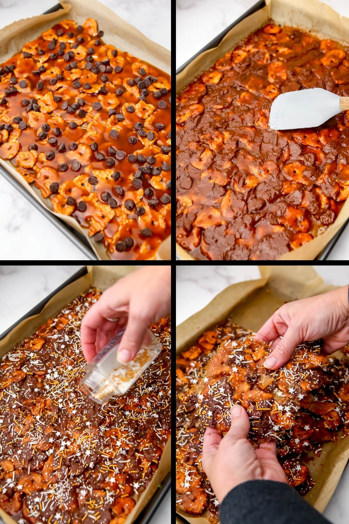A collage of 4 images showing the process steps of melting chocolate over vegan Christmas crack and adding sprinkles to the top.