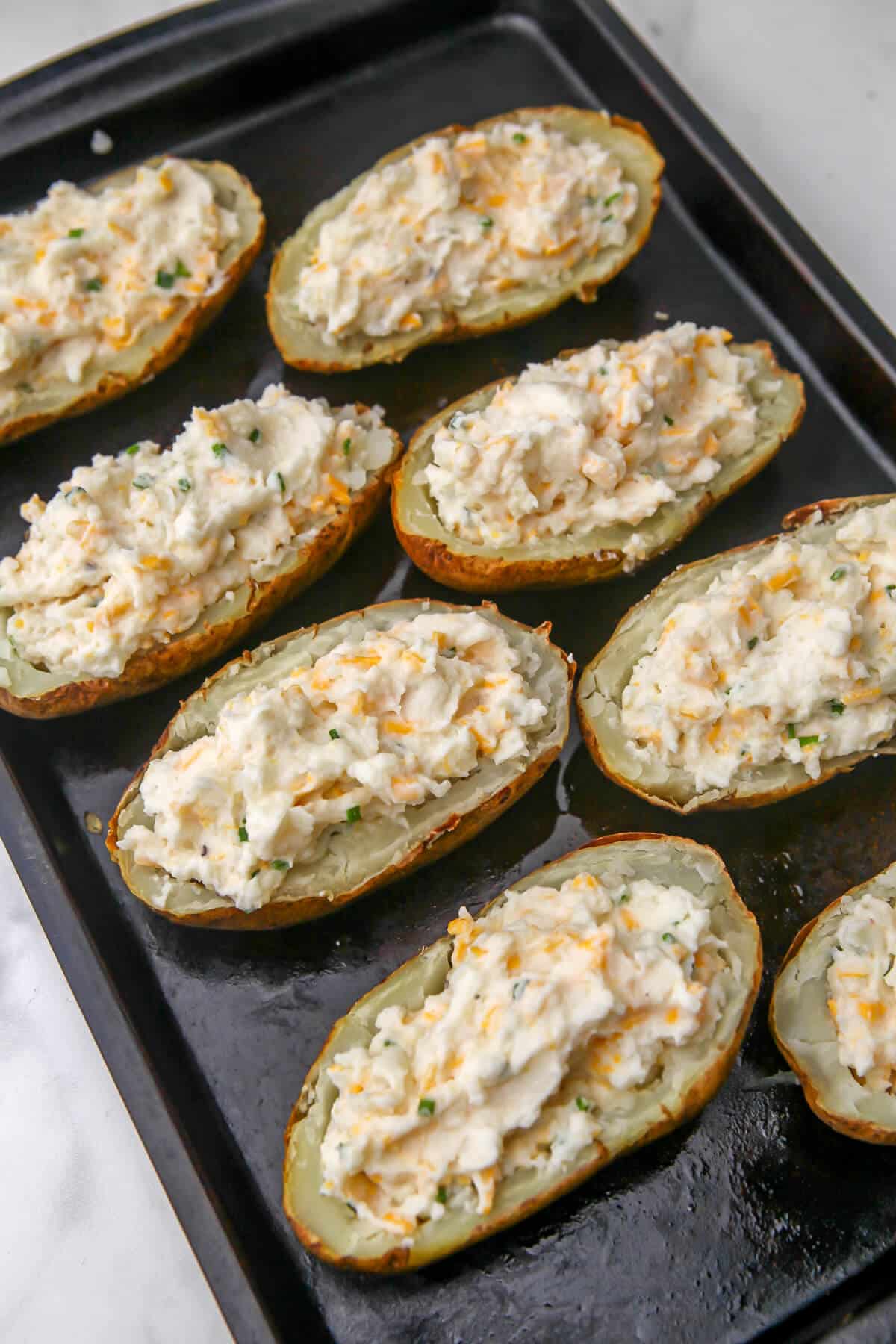 Vegan twice baked potatoes before they are baked.