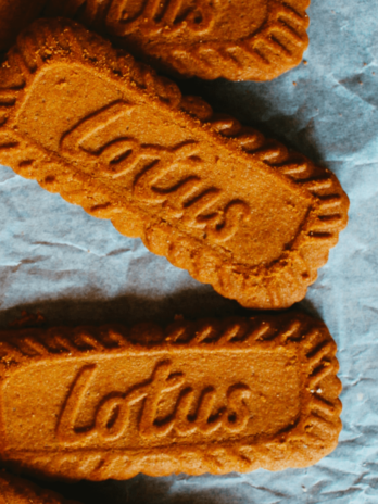 Lotus biscoff cookies on a blue background.