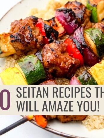 Seitan kebabs with veggies over quinoa with the words 20 seitan recipes that will amaze you.