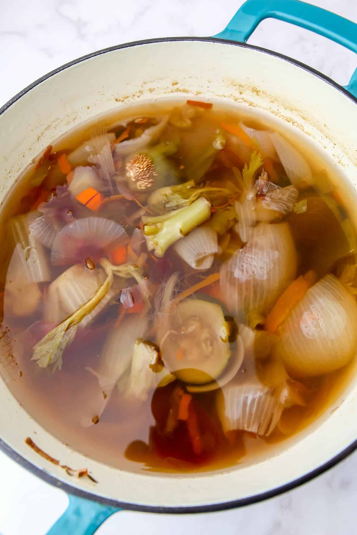 The veggie broth after it has simmered for 2 hours.