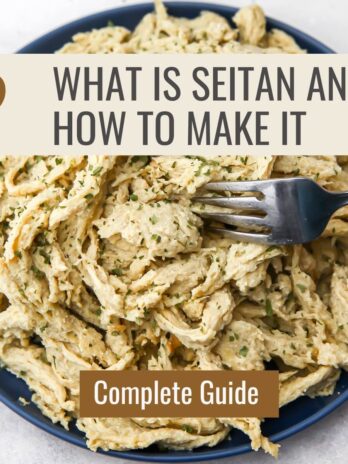 a plate full of shredded seitan with the words what is seitan and how to make it complete guide.