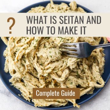 a plate full of shredded seitan with the words what is seitan and how to make it complete guide.