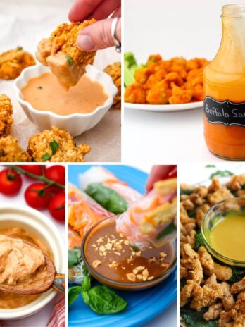 A collage of 5 vegan dipping sauces for nuggets, tofu, and spring rolls.
