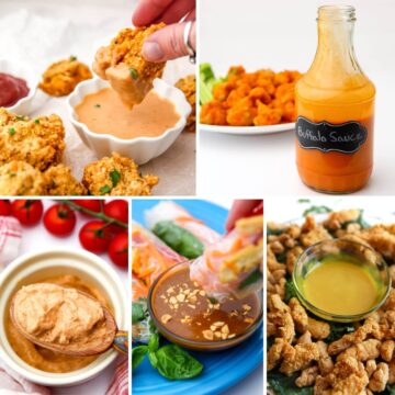 A collage of 5 vegan dipping sauces for nuggets, tofu, and spring rolls.