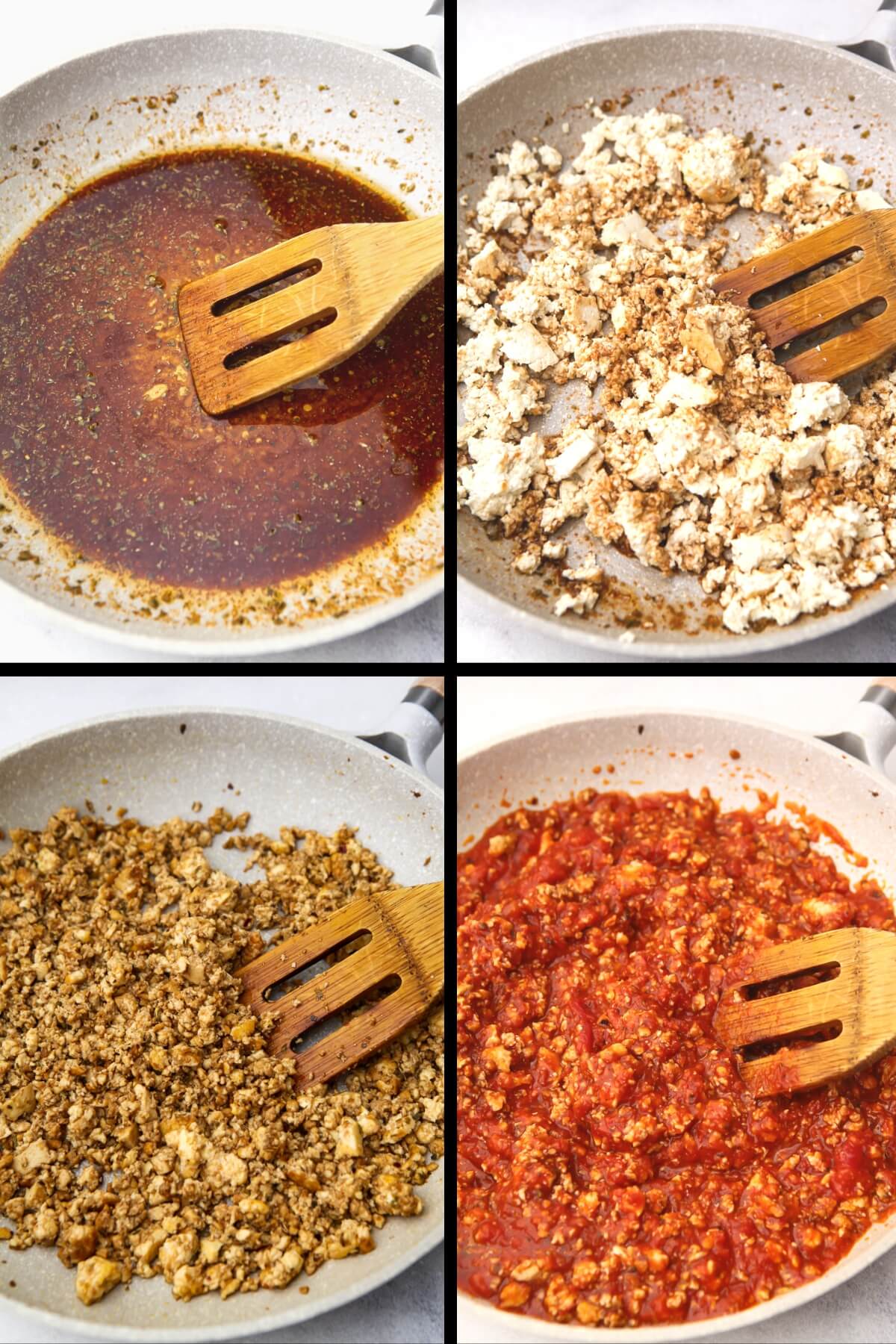 A collage of 4 images showing the process steps of seasoning and cooking crumbled tofu then adding tomato sauce to make tofu Bolognese.