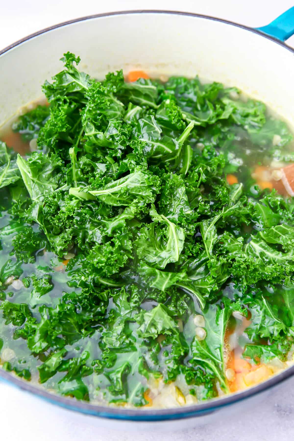 Massaged kale being added to a pot of lentil soup.