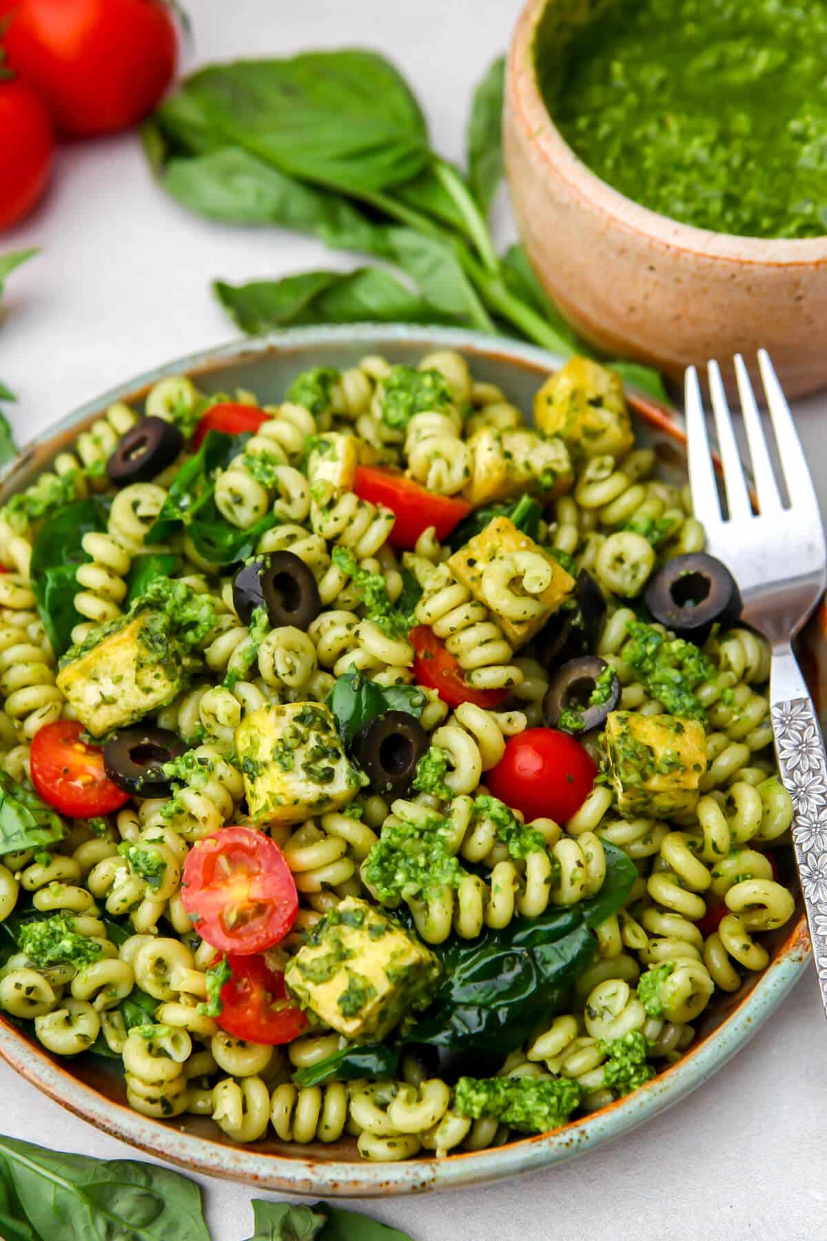 A plate of dairy-free pesto pasta with veggies and tofu with a bowl of vegan pesto on the side.