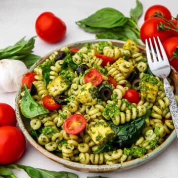 A plate filled with vegan pesto pasta with fresh basil, tomatoes, and garlic on the side.
