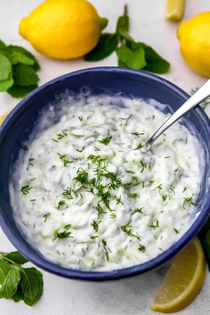 A top view of a bowl of dairy-free tzatziki sauce.