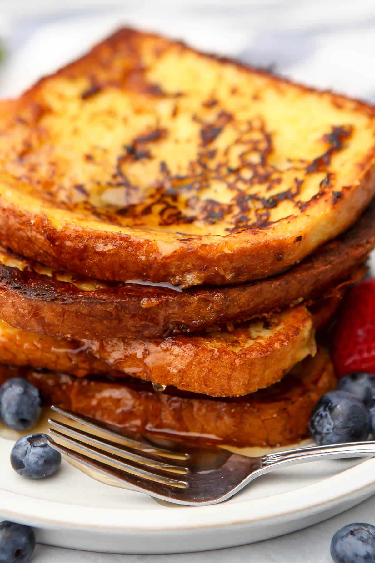 A close up of a stack of vegan French toast made from Just Egg.