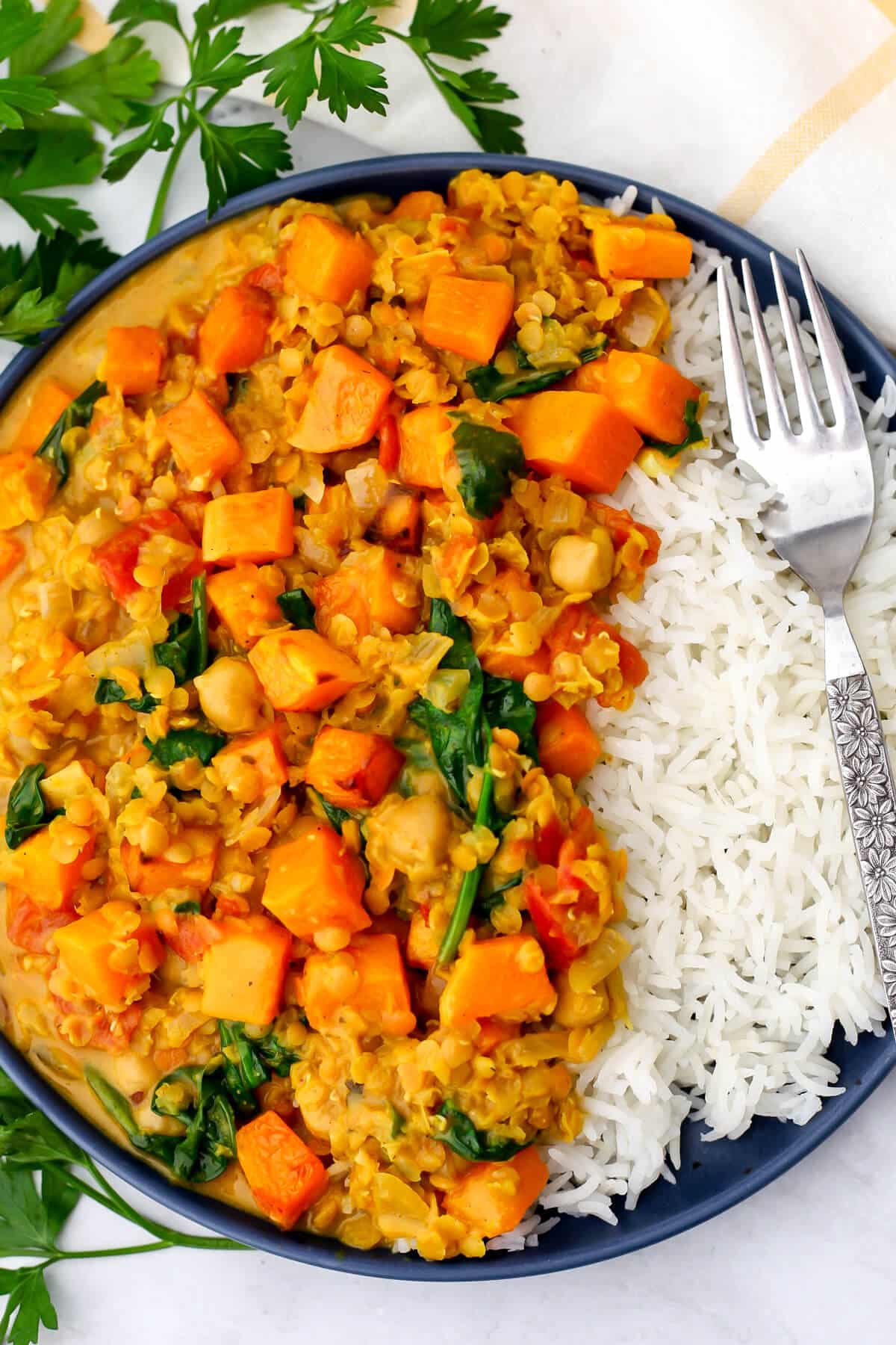 A top view of a blue plate filled with white rice and butternut squash and chickpea curry with red lentils and spinach.
