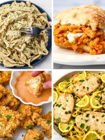 A collage of 4 images showing vegan chicken substitutes using seitan, tofu, Butler Soy Curls, and store bough vegan chicken.