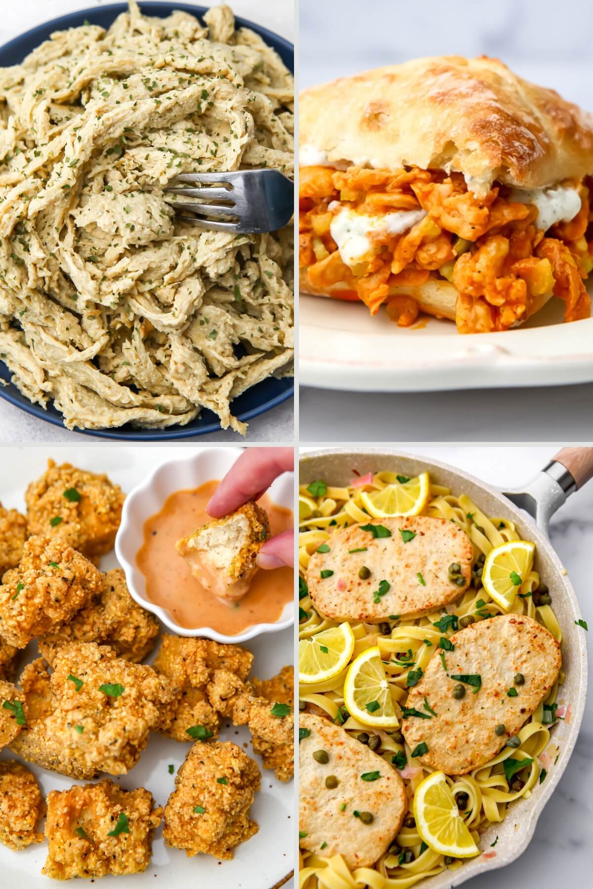 A collage of 4 images showing vegan chicken substitutes using seitan, tofu, Butler Soy Curls, and store bough vegan chicken.
