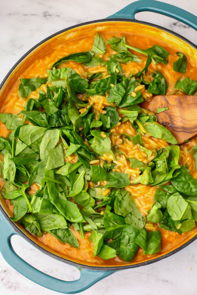 Pumpkin orzo with chopped baby spinach added.
