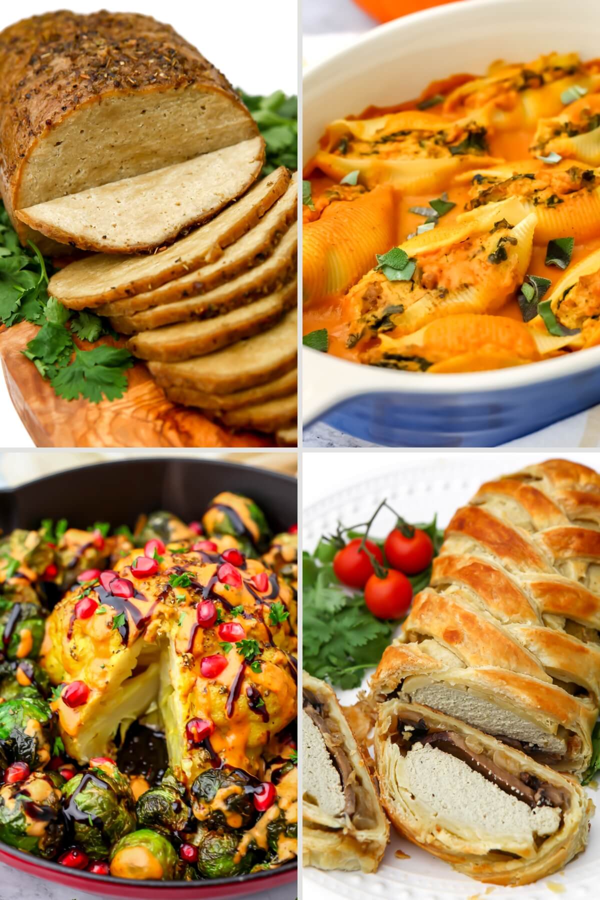 A collage of 4 images of vegan Thanksgiving main dishes.