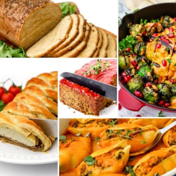 A collage of 5 images of vegan thanksgiving main dishes including vegan turkey, pumpkin stuffed shells, whole roasted cauliflower, tofu wellington, and lentil loaf.