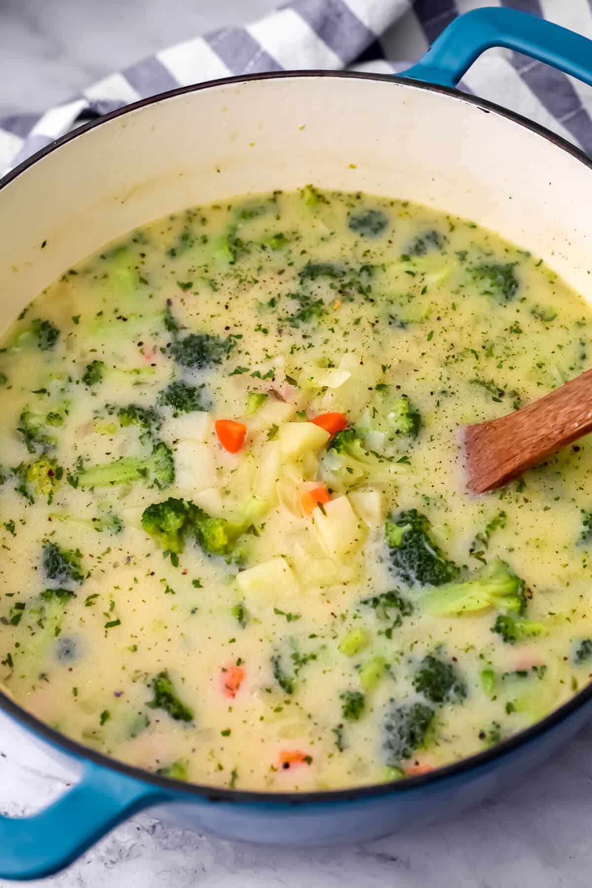 Vegan broccoli potato soup before the broth has been thickened.