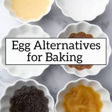 Six bowls of vegan Egg Alternatives for Baking.