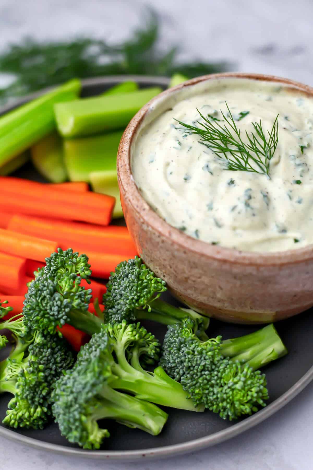 Creamy vegan tofu dip on a plate with veggies around it.