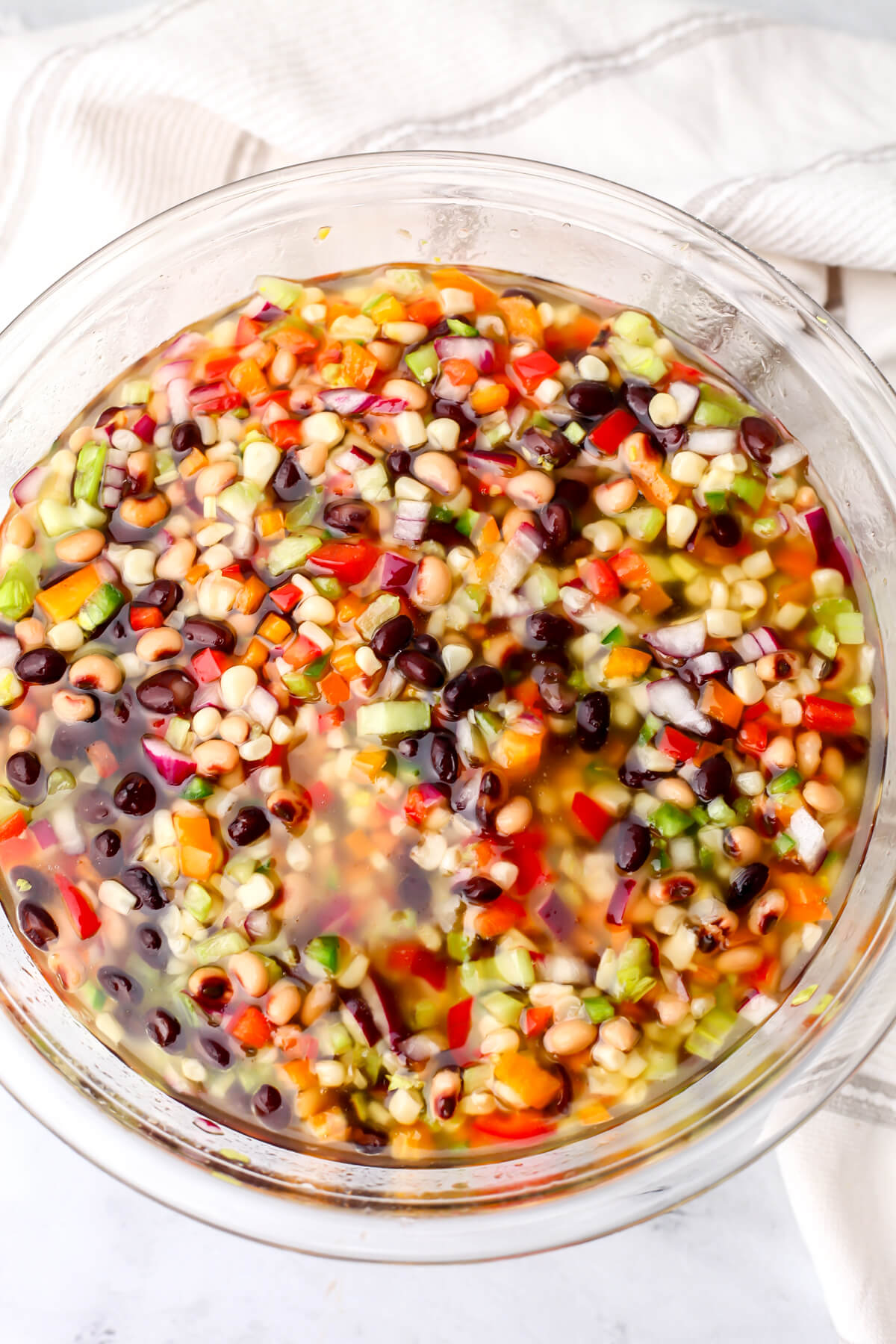 A bowl of cowboy caviar after it has marinated in the dressing overnight.