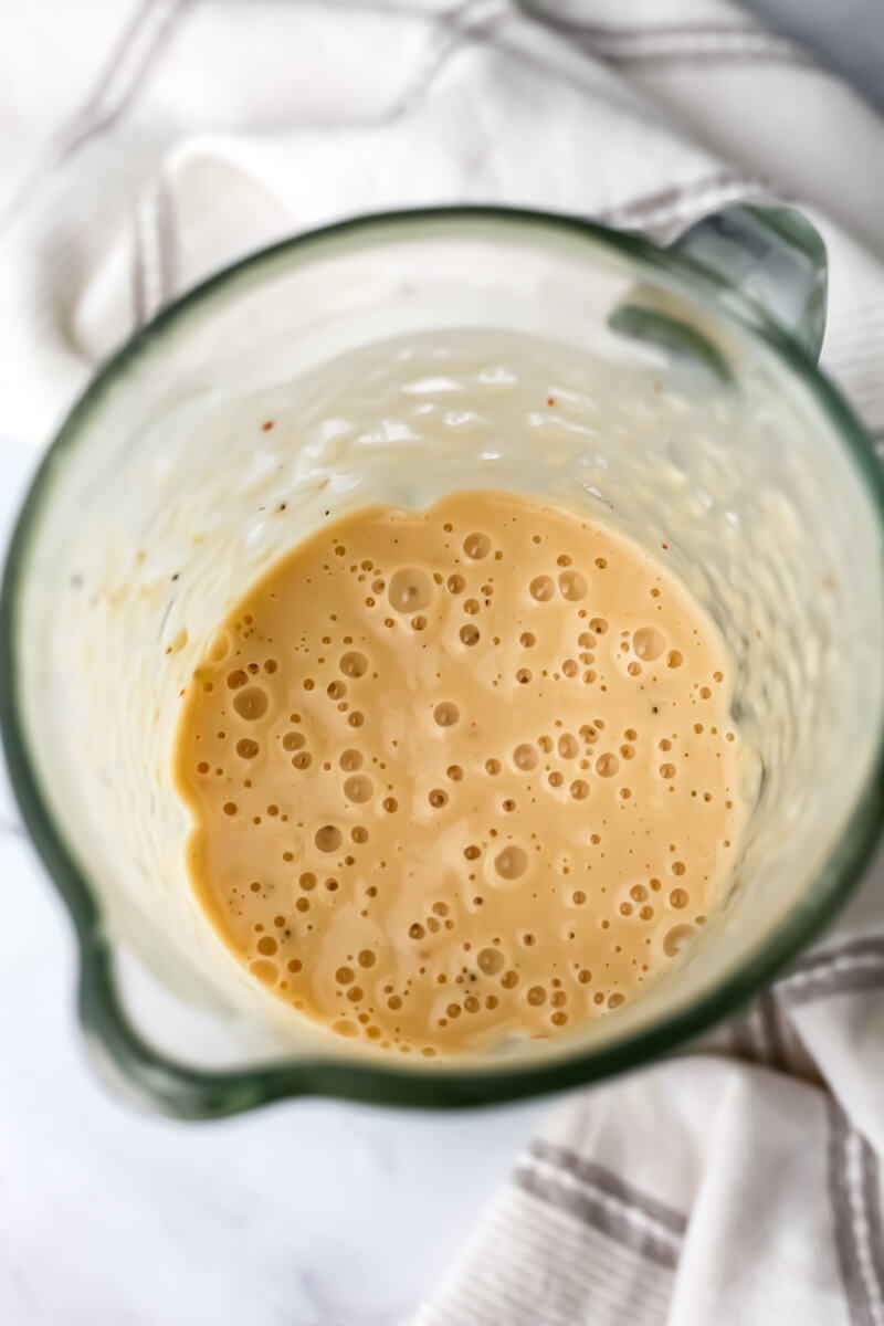 Blended white bean pasta sauce in a blender.