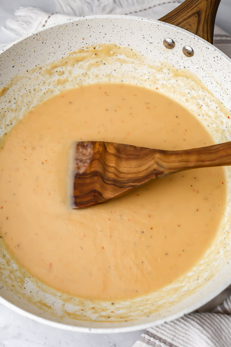 White bean pasta sauce added back into the skillet after blending.