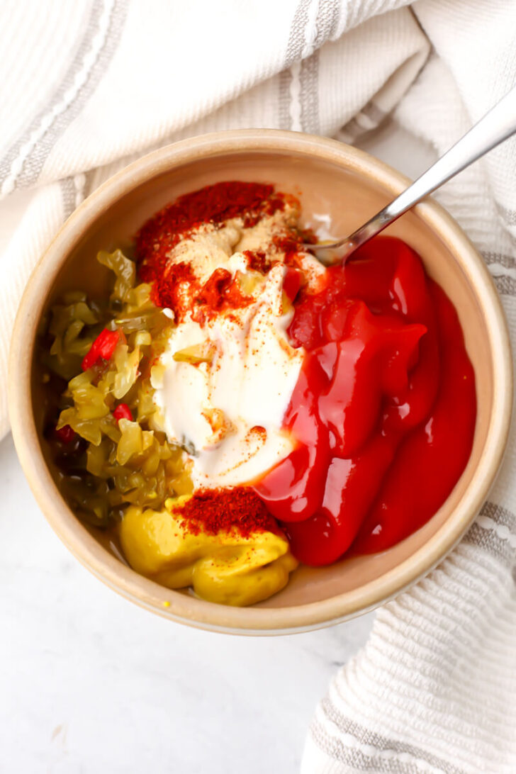 Vegan Big Mac sauce ingredients in a bowl.